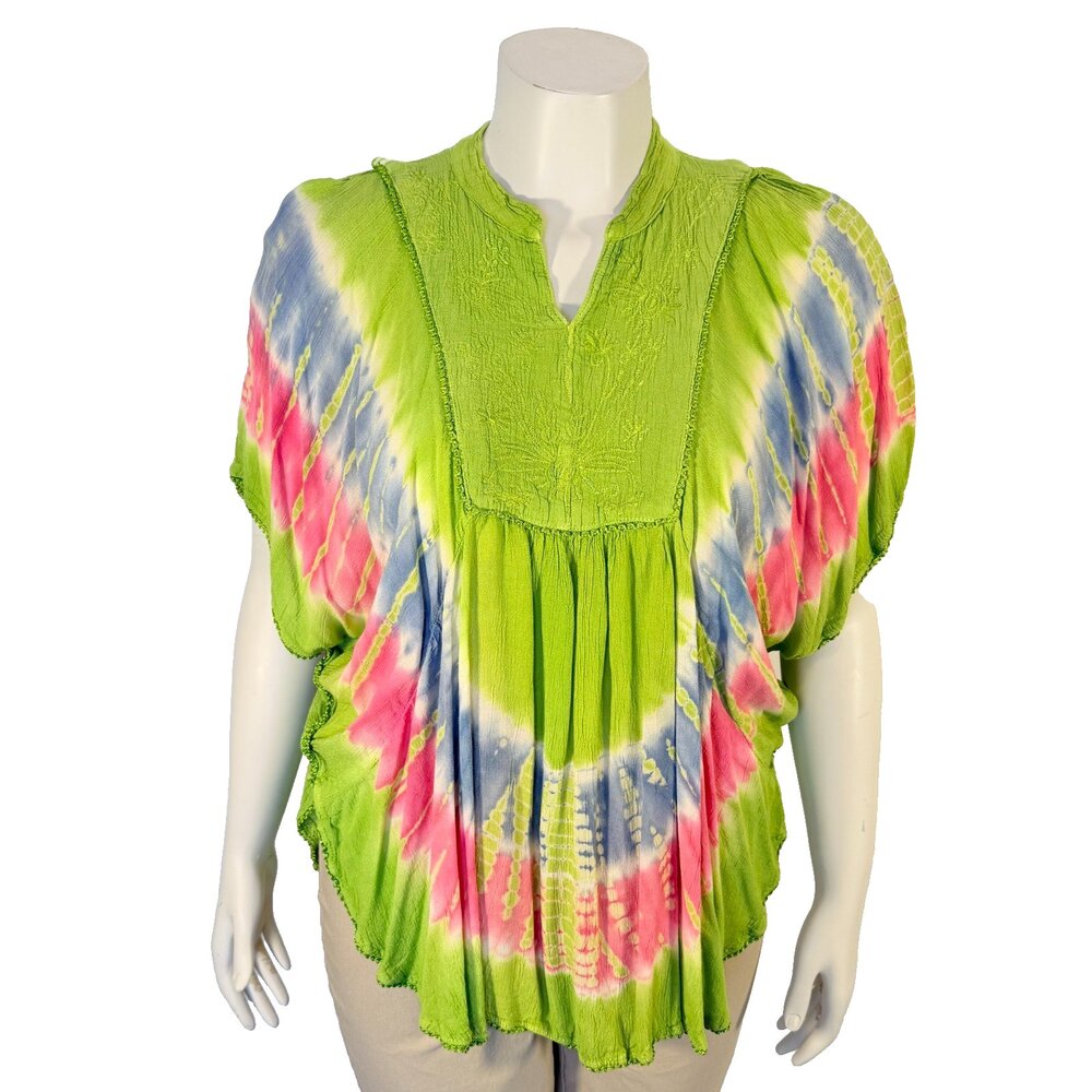Ucho Bali Butterfly Sleeve Top Poncho Blouse Women's One Size Chartuese Tie Dye